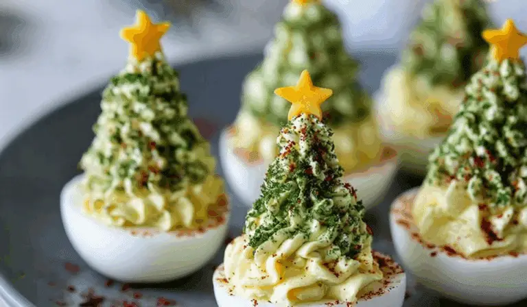 Deviled Egg Christmas Trees on festive platter