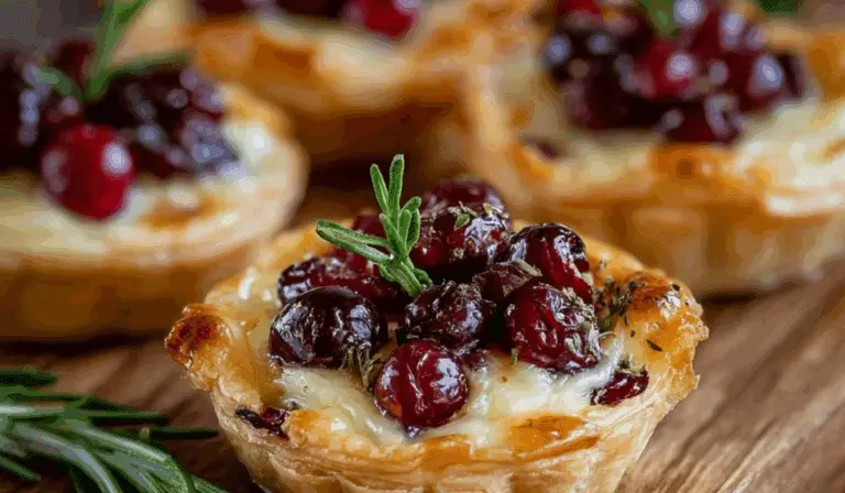 Savory Cranberry and Brie Tartlets on holiday platter