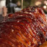 Honey Baked Ham w/ Orange-Brown Sugar Glaze on a holiday table