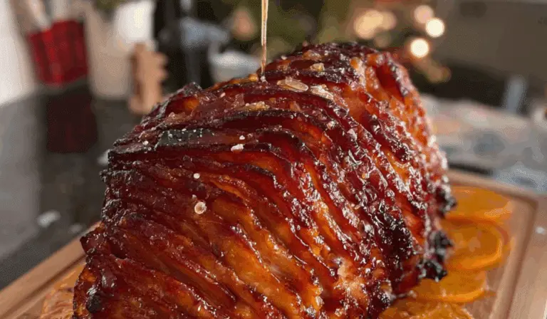 Honey Baked Ham w/ Orange-Brown Sugar Glaze on a holiday table