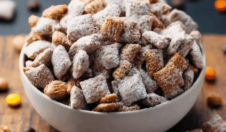 Peanut Butter Puppy Chow in rustic bowl