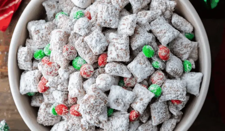 Christmas Puppy Chow in festive bowl