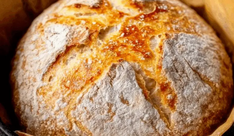 Dutch Oven No Knead Bread on rustic table