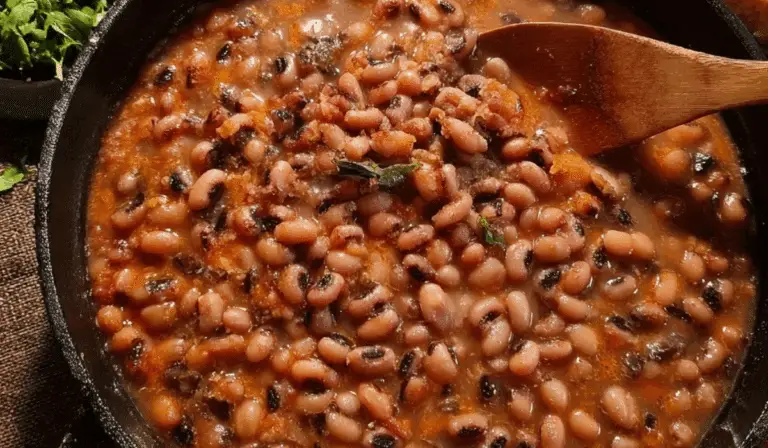 Cajun blackeyed peas served in cast iron pot with cornbread