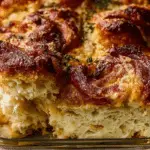 Buttery croissant strata baked in a white dish
