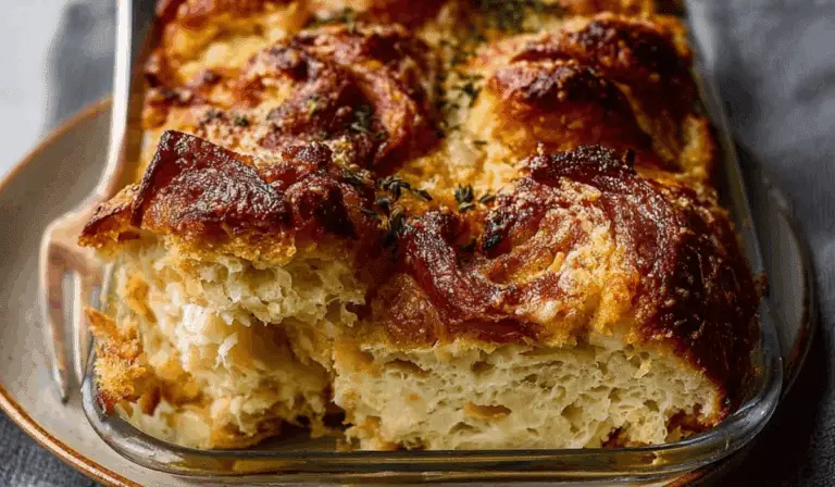 Buttery croissant strata baked in a white dish