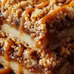 Salted Caramel Apple Crumble Bars Fall dessert on rustic wooden table