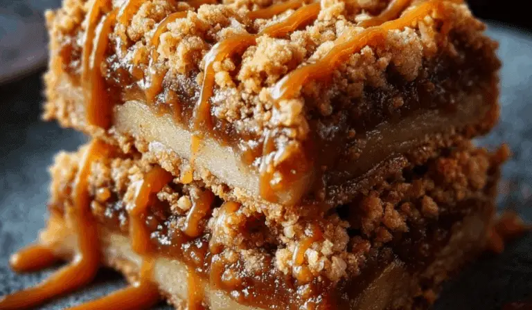 Salted Caramel Apple Crumble Bars Fall dessert on rustic wooden table