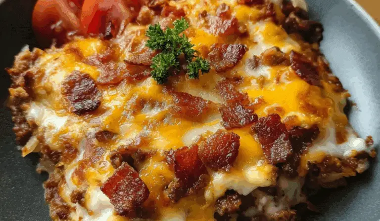 Low-Carb Bacon Cheeseburger Casserole freshly baked in dish