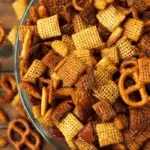 Honey Mustard Chex Mix in rustic bowl
