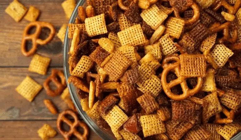 Honey Mustard Chex Mix in rustic bowl