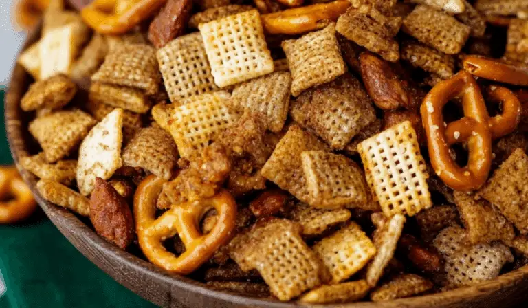 Extra Bold Savory Chex Mix in rustic bowl