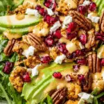 Christmas Salad with Honey Mustard Dressing on a platter with festive toppings