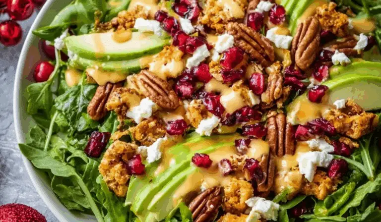 Christmas Salad with Honey Mustard Dressing on a platter with festive toppings