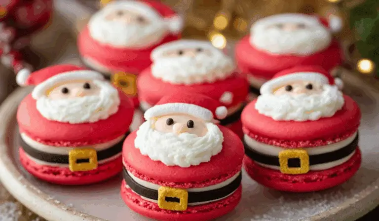 Santa Claus Macarons on festive Christmas plate