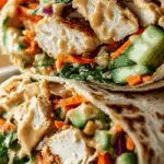 Thai Peanut Chicken Wraps on wooden table