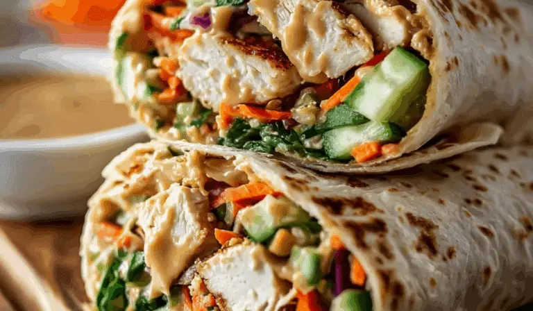 Thai Peanut Chicken Wraps on wooden table