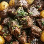 Garlic Butter Beef Bites & Potatoes in skillet