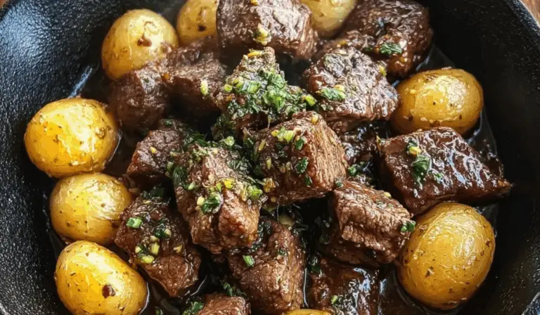 Garlic Butter Beef Bites & Potatoes in skillet