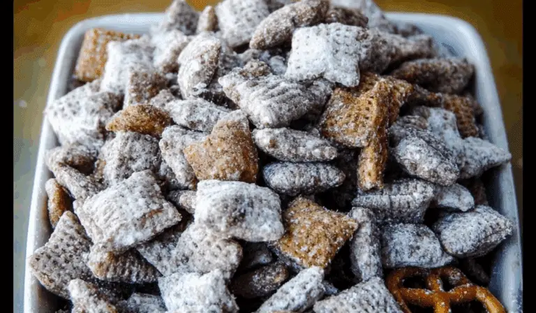 Puppy Chow Chex Mix in a bowl