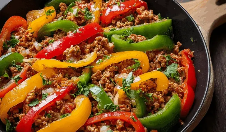 Ground Turkey and Peppers Stir-Fry in skillet