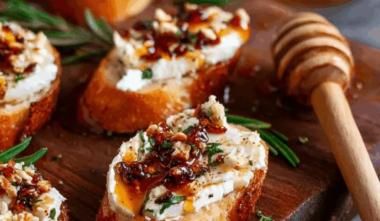 spicy honey drizzled feta crostini on wooden board