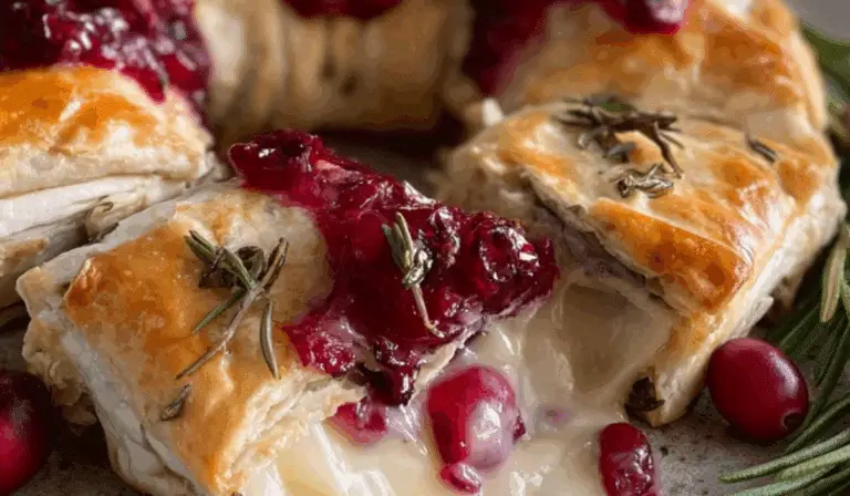 Brie cheese and cranberry Christmas wreath on rustic table