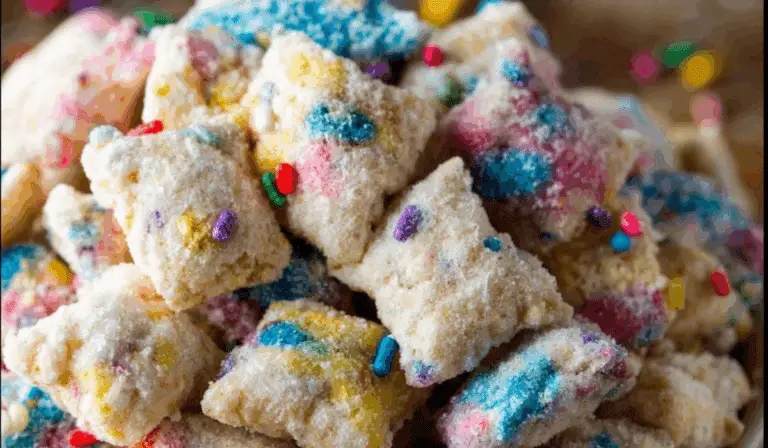 Cake Batter Puppy Chow in bowl with sprinkles