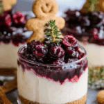 white chocolate cheesecakes with mulled wine fruit on holiday table