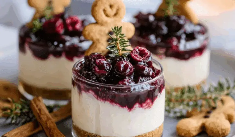 white chocolate cheesecakes with mulled wine fruit on holiday table