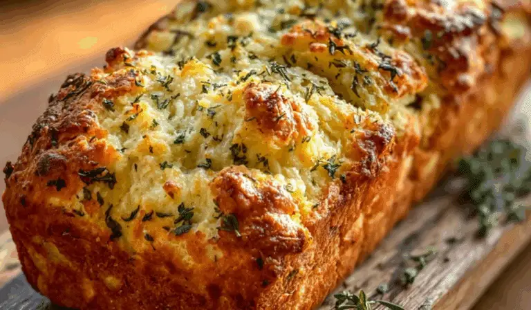 Herb & Cheese Quick Bread loaf on wooden board