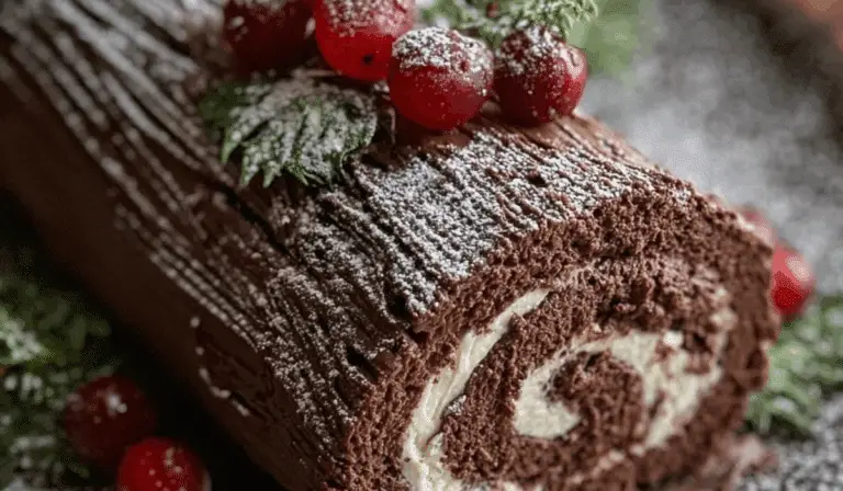 Traditional Chocolate Yule Log Recipe on holiday table