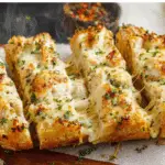 Viral Chicken Alfredo Garlic Bread sliced with cheese pull