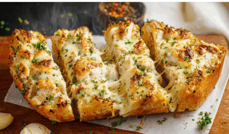Viral Chicken Alfredo Garlic Bread sliced with cheese pull