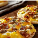 Muffin Breakfast Pizza with eggs, cheese, and bacon on muffin base