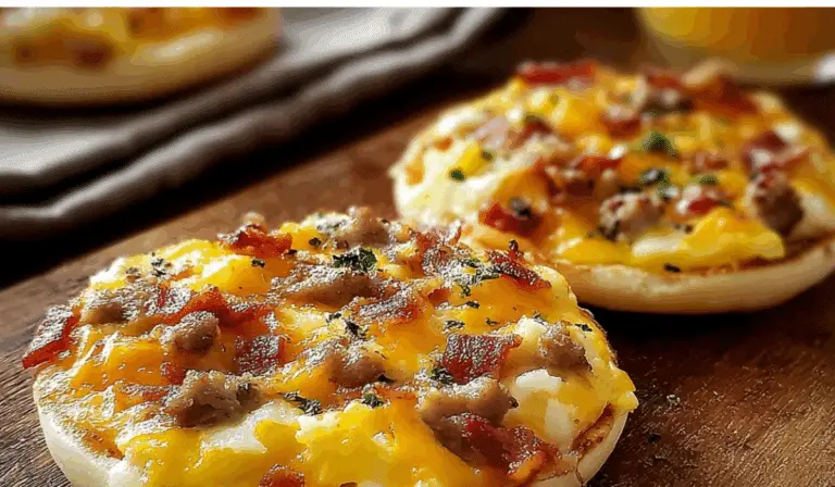 Muffin Breakfast Pizza with eggs, cheese, and bacon on muffin base