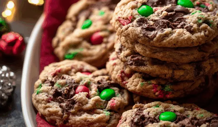 Christmas Monster Cookies fresh from oven on rustic table
