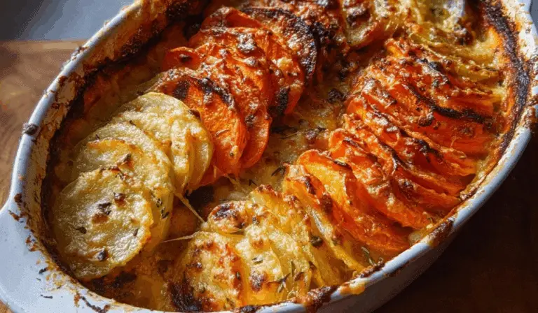 Cheesy Root Vegetable Gratin in baking dish