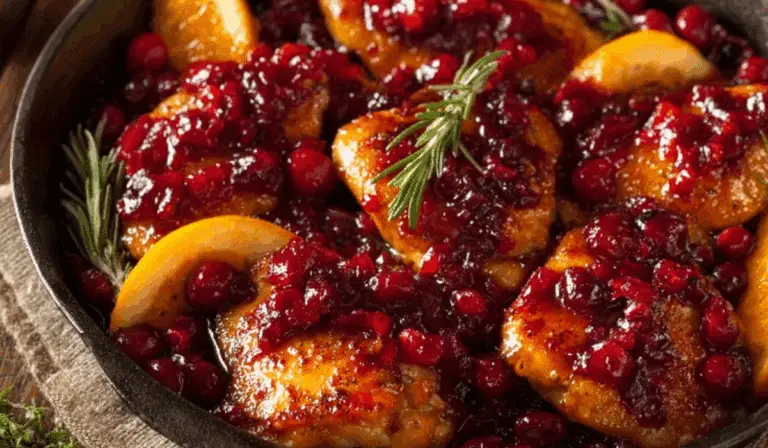 Skillet Cranberry Orange Chicken in cast iron skillet