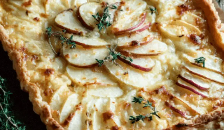 Apple and White Cheddar Tart with Honey on rustic table