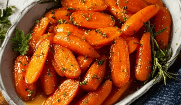 Glazed carrots in a white dish with parsley
