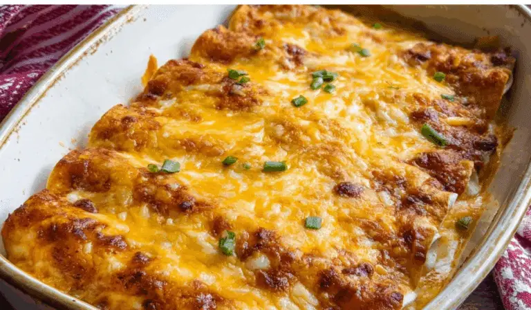 Overnight Breakfast Enchiladas baked golden in a rustic dish