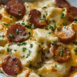 Crockpot Pierogi Casserole with Kielbasa in a rustic dish