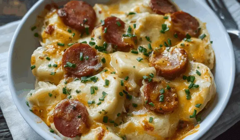 Crockpot Pierogi Casserole with Kielbasa in a rustic dish