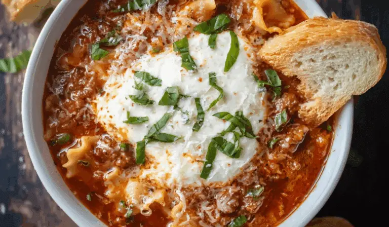 Lasagna Soup in rustic bowl