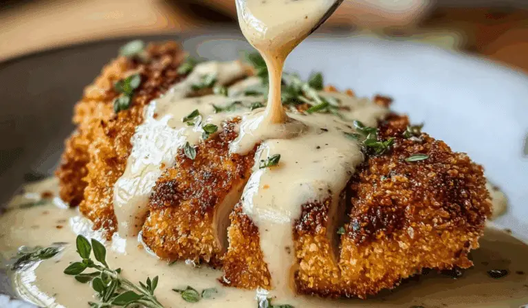 Parmesan Crusted Chicken with Creamy Garlic Sauce plated