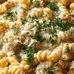 Crockpot Garlic Parmesan Chicken Pasta in white bowl