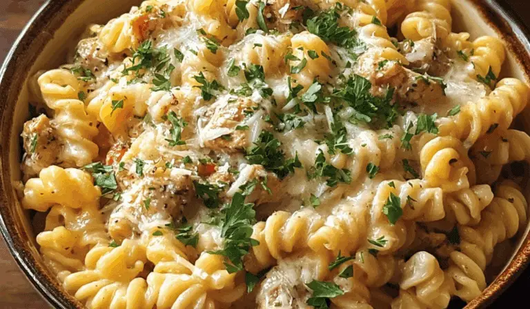 Crockpot Garlic Parmesan Chicken Pasta in white bowl