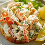Crab salad in a white bowl with lemon wedges and herbs