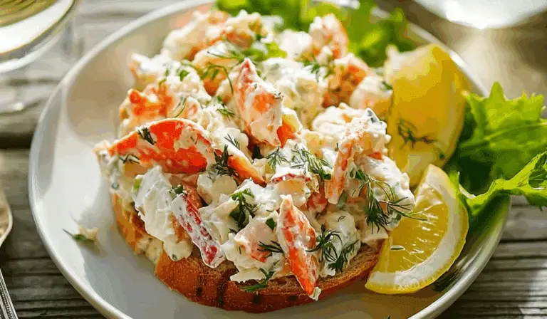 Crab salad in a white bowl with lemon wedges and herbs